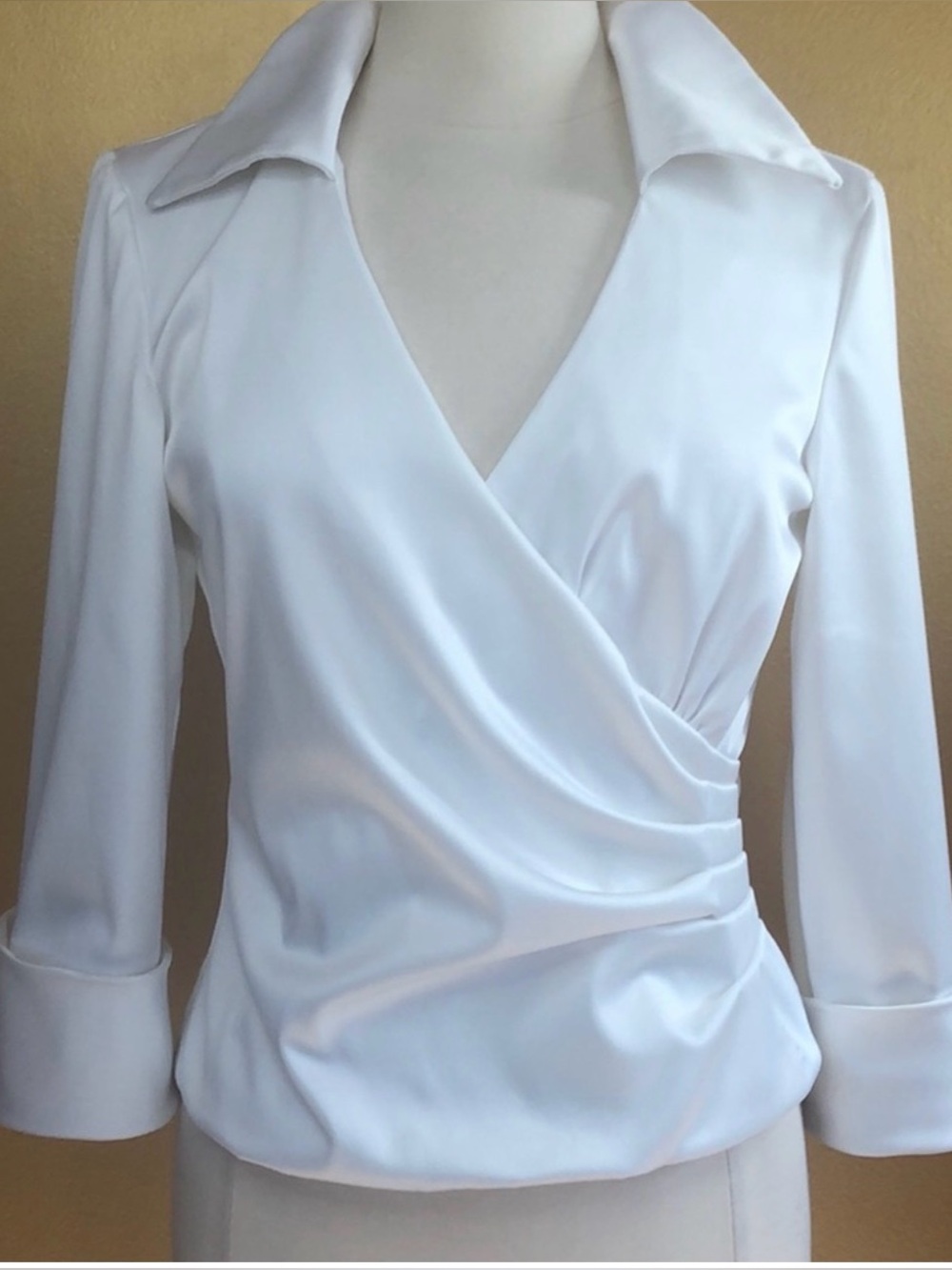 Y2K JS Collections White Satin Wrap Blouse Stand Collar Oversized Cuffs Size 10